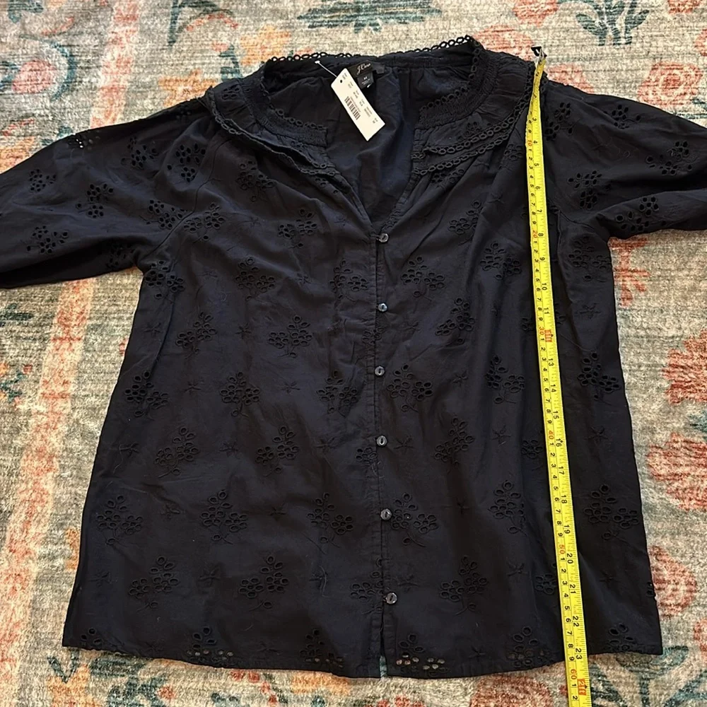 J Crew Black Eyelet Button Front Peasant Top NWT Size Medium